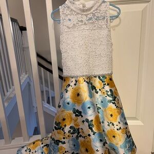 Speechless White Lace Dress with Yellow and Blue Floral Skirt